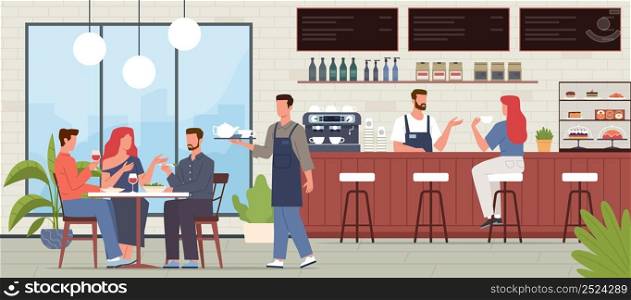 Cafe visitors. People in coffee house interior, friends sitting at table in restaurant, bar counter, waiter and customers. Men and women eating and drinking in bistro, vector cartoon flat concept. Cafe visitors. People in coffee house interior, friends sitting at table in restaurant, bar counter, waiter and customers. Men and women eating and drinking vector cartoon flat concept