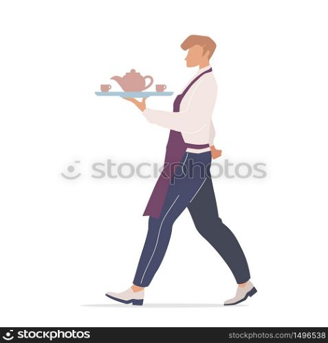 Cafe waiter flat color vector faceless characters. Coffeehouse worker carrying tray with tea. Male coffeeshop employee serving isolated cartoon illustration for web graphic design and animation. Cafe waiter flat color vector faceless characters