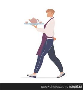 Cafe waiter flat color vector faceless characters. Coffeehouse worker carrying tray with tea. Male coffeeshop employee serving isolated cartoon illustration for web graphic design and animation. Cafe waiter flat color vector faceless characters