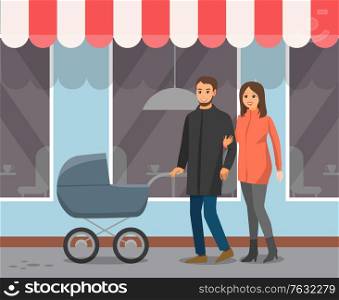 Cafe windows and tent, couple with baby carriage walk in downtown. Mother and father with baby in pram and cafeteria exterior, city street. Vector illustration in flat cartoon style. Couple with Baby Carriage Walk by Cafe Windows