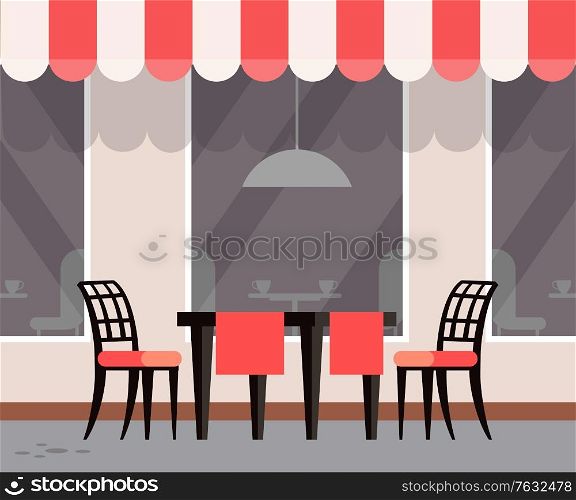 Cafe with exterior design, table with chairs and tablecloth. Window of restaurant, outdoors furniture terrasse for eating outside, street view. Vector illustration in flat cartoon style. Restaurant Terrasse Exterior of Cafe with Tables