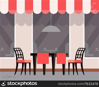 Cafe with exterior design, table with chairs and tablecloth. Window of restaurant, outdoors furniture terrasse for eating outside, street view. Vector illustration in flat cartoon style. Restaurant Terrasse Exterior of Cafe with Tables