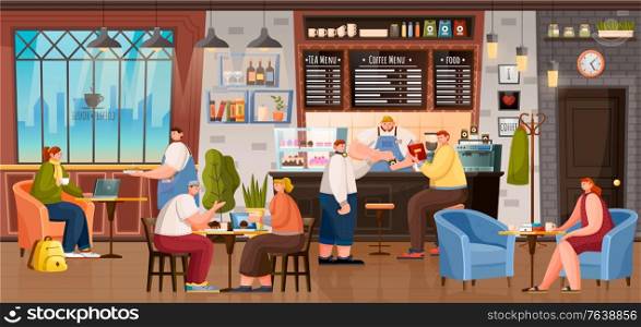 Cafe with people sitting by tables and making order by counter vector. Menu of coffee house above barista talking to clients. Coffeehouse interier with people. Restaurant coffe shop with hot drinks. Coffee House Inside, People Drinking Beverages