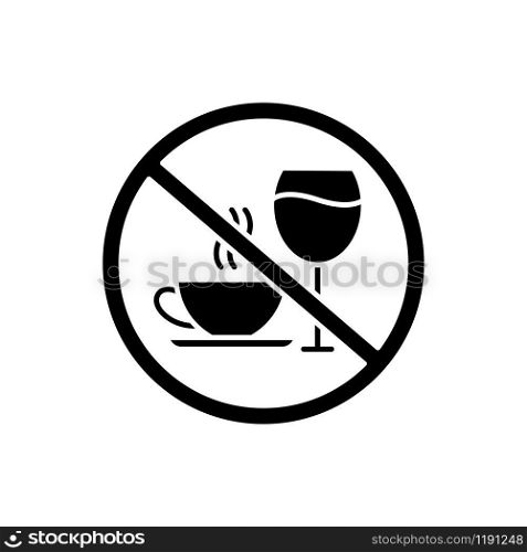 Caffeine and alcohol refusal glyph icon. Deny wine and coffee. Stop sign with beverages. Anxiety and insomnia prevention. Silhouette symbol. Negative space. Vector isolated illustration