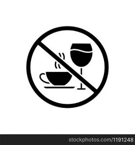 Caffeine and alcohol refusal glyph icon. Deny wine and coffee. Stop sign with beverages. Anxiety and insomnia prevention. Silhouette symbol. Negative space. Vector isolated illustration