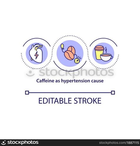 Caffeine as hypertension cause concept icon. Increase in blood pressure abstract idea thin line illustration. Habitual caffeine intake. Vector isolated outline color drawing. Editable stroke. Caffeine as hypertension cause concept icon