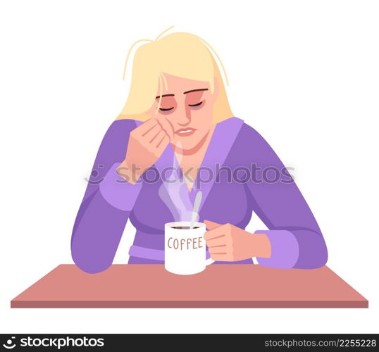 Caffeine crash semi flat RGB color vector illustration. Morning grogginess. Fatigue stress. Chronic sleep deprivation. Sleepy woman drinking coffee isolated cartoon character on white background. Caffeine crash semi flat RGB color vector illustration