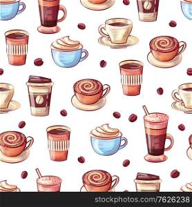 Caffeine drink poured in cups vector, seamless pattern isolated on white background drawing of cappuccino and serve beverages brewed. Bean on plastic. Coffee Cups and Beans Seamless Pattern Beverage
