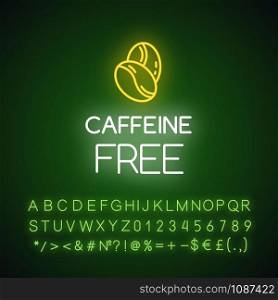 Caffeine free neon light icon. Decaffeinated drink. Product free ingredient. Anxiety, insomnia prevention method. Glowing sign with alphabet, numbers and symbols. Vector isolated illustration