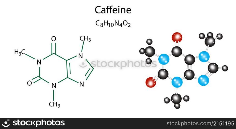 Caffeine molecule structure. Skeletal formula. Chemical compound. Scientific research. Vector illustration. Stock image. EPS 10.. Caffeine molecule structure. Skeletal formula. Chemical compound. Scientific research. Vector illustration. Stock image.