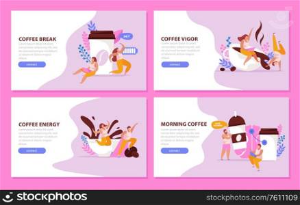Caffeine stimulating effect flat 4x1 set of horizontal backgrounds with coffee people editable text and buttons vector illustration