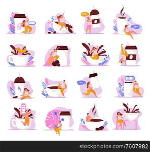 Caffeine stimulating effect flat icons set of isolated compositions with coffee cups batteries and human characters vector illustration