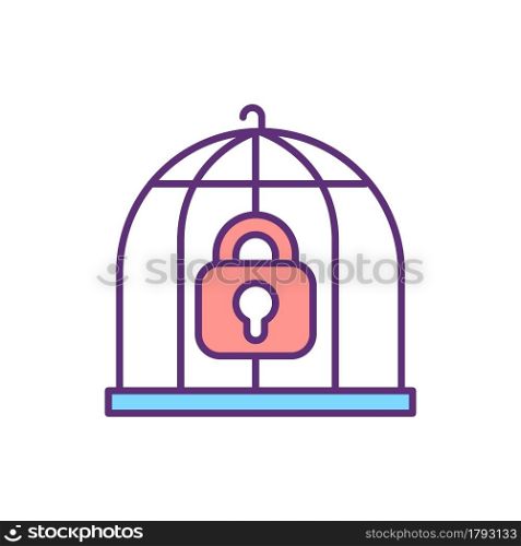 Cage and lock RGB color icon. Freedom deprivation. Iron birdcage. Trapped behind bars. Imprisonment and unfree person methaphor. Isolated vector illustration. Simple filled line drawing. Cage and lock RGB color icon