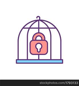 Cage and lock RGB color icon. Freedom deprivation. Iron birdcage. Trapped behind bars. Imprisonment and unfree person methaphor. Isolated vector illustration. Simple filled line drawing. Cage and lock RGB color icon