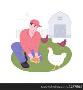 Cage-free animal living isolated cartoon vector illustrations. Farmer with chickens in the field, modern agriculture, organic farming industry, poultry farm, ranch activity vector cartoon.. Cage-free animal living isolated cartoon vector illustrations.