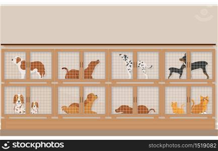 Cages of dogs and cats for sale in pet store, pet shop conceptual vector illustration.