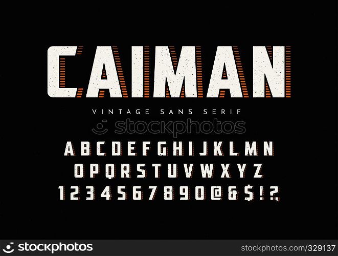 Caiman trendy sans serif retro typeface, font, letters and numbers. Vector illustration, decorative typeset. EPS10. Caiman trendy sans serif retro typeface, font, letters and numbe