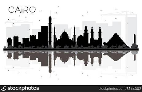 Cairo City skyline black and white silhouette with reflections. Vector illustration. Simple flat concept for tourism presentation, banner, placard or web site. Cityscape with landmarks.