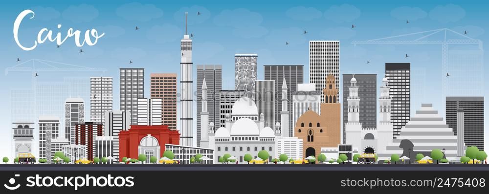 Cairo Skyline with Gray Buildings and Blue Sky. Vector Illustration. Business Travel and Tourism Concept with Historic Buildings. Image for Presentation Banner Placard and Web Site.