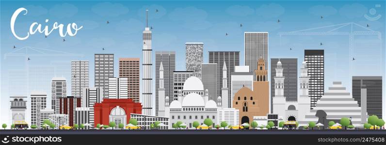Cairo Skyline with Gray Buildings and Blue Sky. Vector Illustration. Business Travel and Tourism Concept with Historic Buildings. Image for Presentation Banner Placard and Web Site.