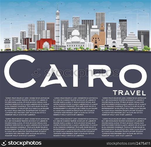 Cairo Skyline with Gray Buildings, Blue Sky and Copy Space. Vector Illustration. Business Travel and Tourism Concept with Historic Buildings. Image for Presentation Banner Placard and Web Site.