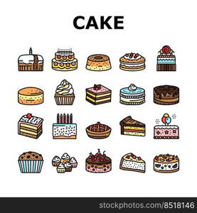 cake birthday food dessert party icons set vector. sweet chocolate celebration, cream bakery, pastry delicious, happy candle cupcake cake birthday food dessert party color line illustrations. cake birthday food dessert party icons set vector