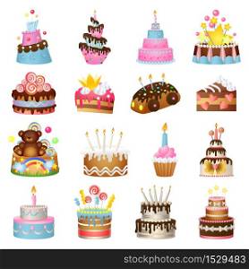 Cake birthday icons set. Cartoon set of cake birthday vector icons for web design. Cake birthday icons set, cartoon style