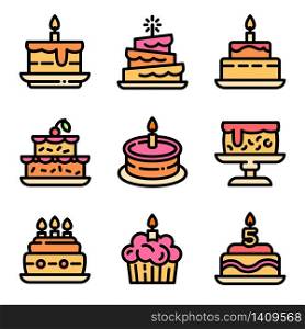 Cake birthday icons set. Outline set of cake birthday vector icons for web design isolated on white background. Cake birthday icons set, outline style