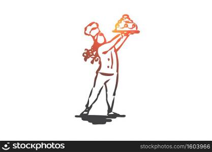 Cake, confectioner, cooking, girl, sweet concept. Hand drawn onfectioner girl prepared a cake concept sketch. Isolated vector illustration.. Cake, confectioner, cooking, girl, sweet concept. Hand drawn isolated vector.