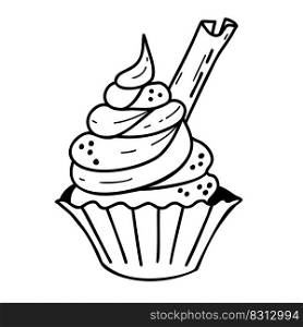 Cake. Cream basket with cinnamon stick. Vector hand drawing in doodle style. For holiday decor, design, decoration and printing 