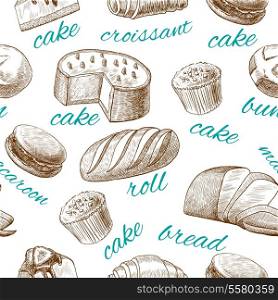 Cake croissant bread roll macaroon bun baking pastry seamless food wallpaper vector illustration