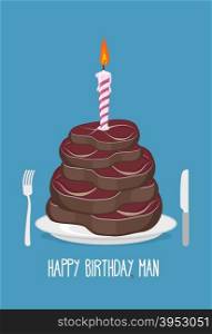 Cake cuts of meat. Happy birthday man. Delicious steaks. Congratulation card. Vector illustration