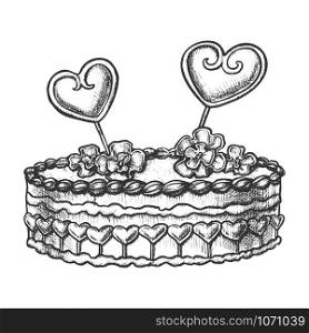 Cake Decorated Hearts And Creamy Flower Ink Vector. Festive Valentine Day Delicious Sweet Cake For Loving Couple Engraving Template Hand Drawn In Vintage Style Black And White Illustration. Cake Decorated Hearts And Creamy Flower Ink Vector