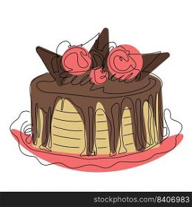 Cake decorated with ice cream and chocolate icing lineart vector. Chocolate pie on plate isolated illustration. Sweet festive delicious pastries one line. Cake decorated with ice cream and chocolate icing lineart vector