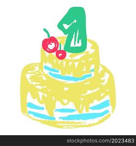 Cake. Icon in hand draw style. Drawing with wax crayons, colored chalk, children&rsquo;s creativity. Sign, symbol, pin, sticker. Icon in hand draw style. Drawing with wax crayons, children&rsquo;s creativity