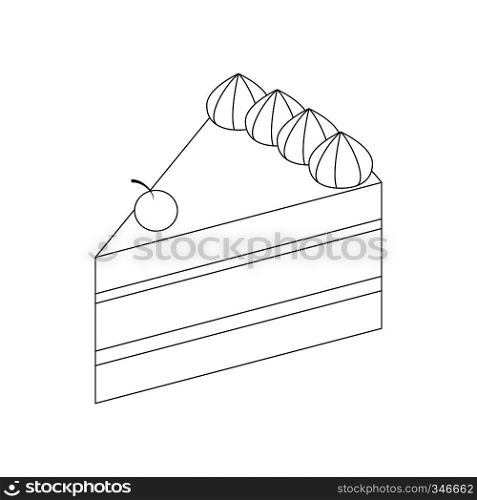 Cake icon in isometric 3d style isolated on white background. Piece of cake with cream and cherry. Cake icon, isometric 3d style