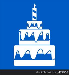 Cake icon white isolated on blue background vector illustration. Cake icon white