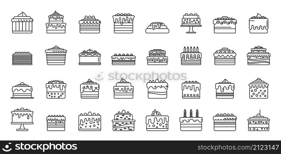 Cake icons set outline vector. Cream dessert. Bakery party. Cake icons set outline vector. Cream dessert