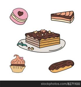 Cake, macaron, cupcake, eclair with cream, chocolate. Doodle Vector illustration. Sweets concept. Hand drawn illustration for sticker pack, cover, postcards, print, social media, icon, scrapbooking.. Cake, macaron, cupcake, eclair with cream, chocolate. Doodle Vector illustration. Sweets concept.