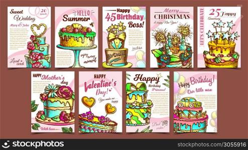 Cake Pie Delicious Collection Posters Set Vector. Birthday Anniversary, Valentine And Wedding Day Celebrating Sweet Cake Concept Template Hand Drawn In Vintage Style Colored Illustrations. Cake Pie Delicious Collection Posters Set Vector