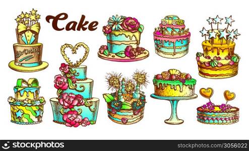 Cake Pie Delicious Collection Retro Set Vector. Birthday Anniversary, Valentine And Wedding Day Cake Engraving Concept Template Hand Drawn In Vintage Style Color Illustrations. Cake Pie Delicious Collection Retro Set Vector