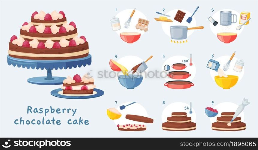 Cake recipe, baking dessert step by step instruction. Delicious birthday chocolate cake with cream, sweet bakery preparation vector illustration. Raspberry tasty pastry cooking process. Cake recipe, baking dessert step by step instruction. Delicious birthday chocolate cake with cream, sweet bakery preparation vector illustration