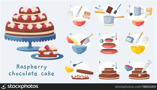 Cake recipe, baking dessert step by step instruction. Delicious birthday chocolate cake with cream, sweet bakery preparation vector illustration. Raspberry tasty pastry cooking process. Cake recipe, baking dessert step by step instruction. Delicious birthday chocolate cake with cream, sweet bakery preparation vector illustration