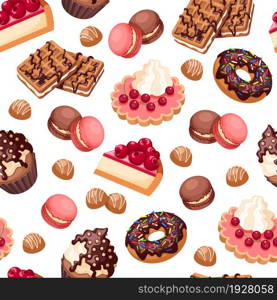 Cake seamless pattern. Gourmet food, donut cream cakes print. Holiday bakery background, candy shop or cafe kitchen textile garish vector texture. Illustration of sweet cake and food pattern. Cake seamless pattern. Gourmet food, donut cream cakes print. Holiday bakery background, candy shop or cafe kitchen textile garish vector texture