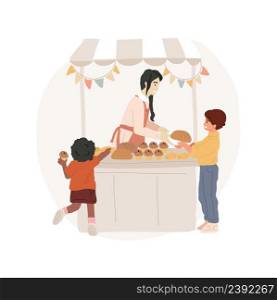 Cake stall isolated cartoon vector illustration Woman selling cupcakes and muffins, homemade cake stall, sweets, school festival activity, price labels, fair food market vector cartoon.. Cake stall isolated cartoon vector illustration