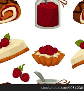 Cake sweets food with sugary ingredients and raspberry seamless pattern vector brownie and roll glass jar filled with jam made from fresh berries and fruits piece of dessert teacup with spoon.. Cake sweets food with sugary ingredients and raspberry