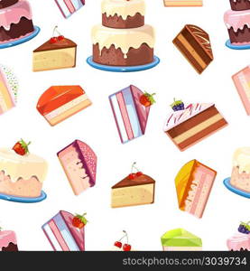 Cake vector seamless background. Cake and slices of cake vector seamless background. Sweet chocolate dessert illustration