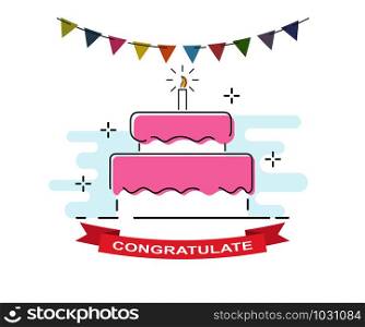 Cake with a candle, a garland of flags and a ribbon with the inscription CONGRATULATE/ Creative picture for congratulations on the anniversary, birthday and significant date.