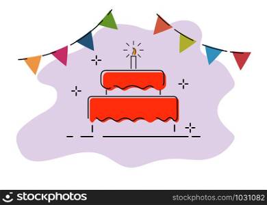 Cake with a candle and a garland of flags. Creative picture for the congratulations on the anniversary, birthday and important date.