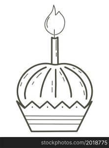 Cake with candle in doodle style isolated object. Festive baked goods, handmade sketch. Muffin, vector illustration.. Cake with candle in doodle style isolated object.